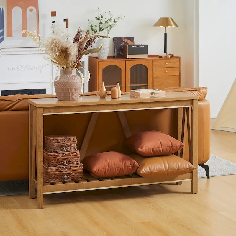 Brown and Grey Farmhouse Console Table with Storage Shelf