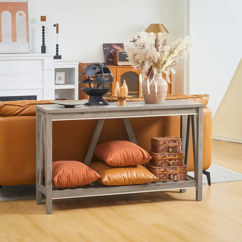Brown and Grey Farmhouse Console Table with Storage Shelf