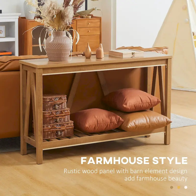 Brown and Grey Farmhouse Console Table with Storage Shelf