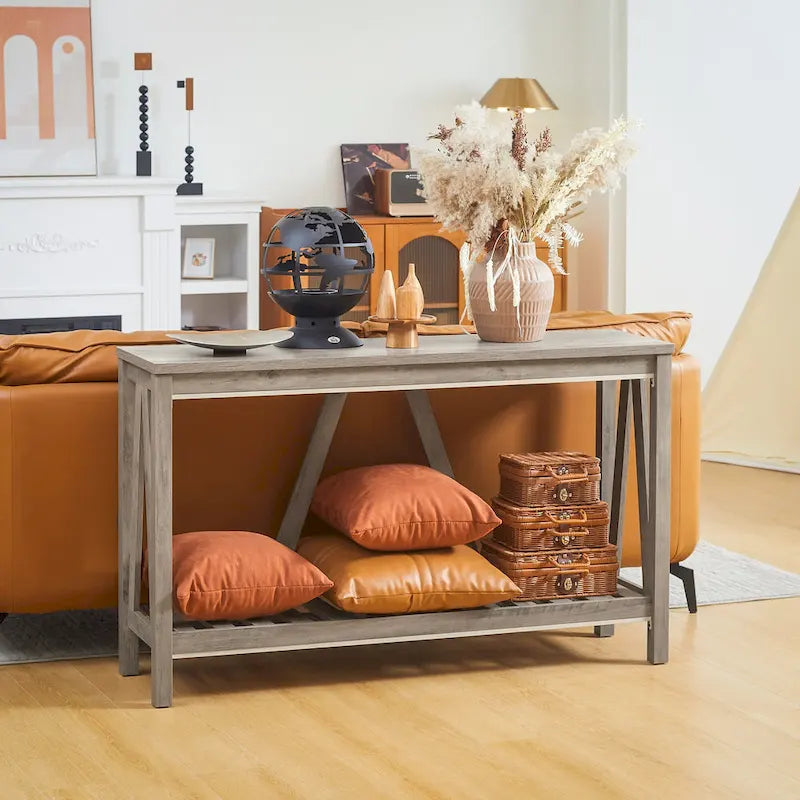 Brown and Grey Farmhouse Console Table with Storage Shelf