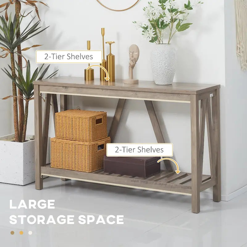 Brown and Grey Farmhouse Console Table with Storage Shelf
