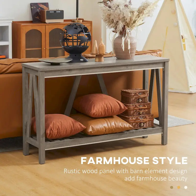 Brown and Grey Farmhouse Console Table with Storage Shelf