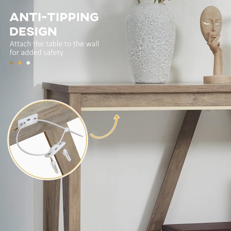 Brown and Grey Farmhouse Console Table with Storage Shelf