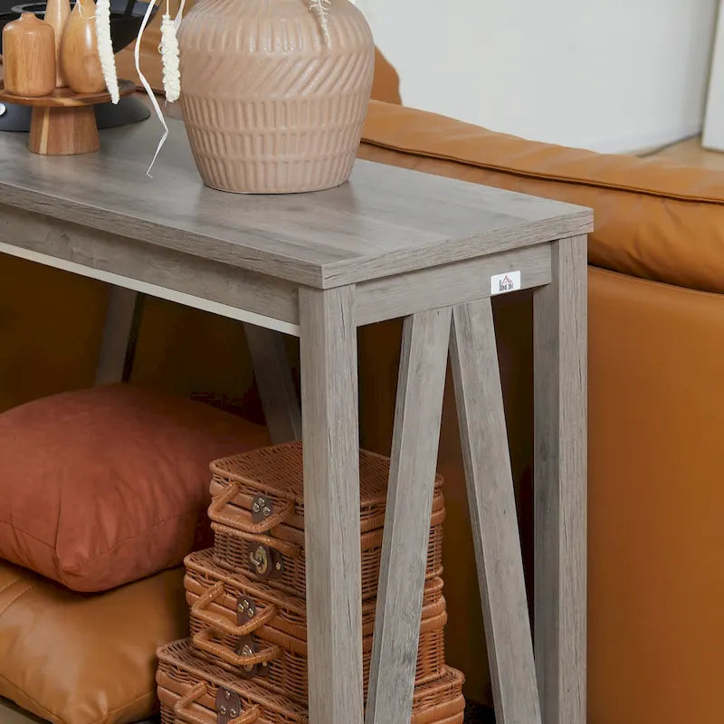 Brown and Grey Farmhouse Console Table with Storage Shelf