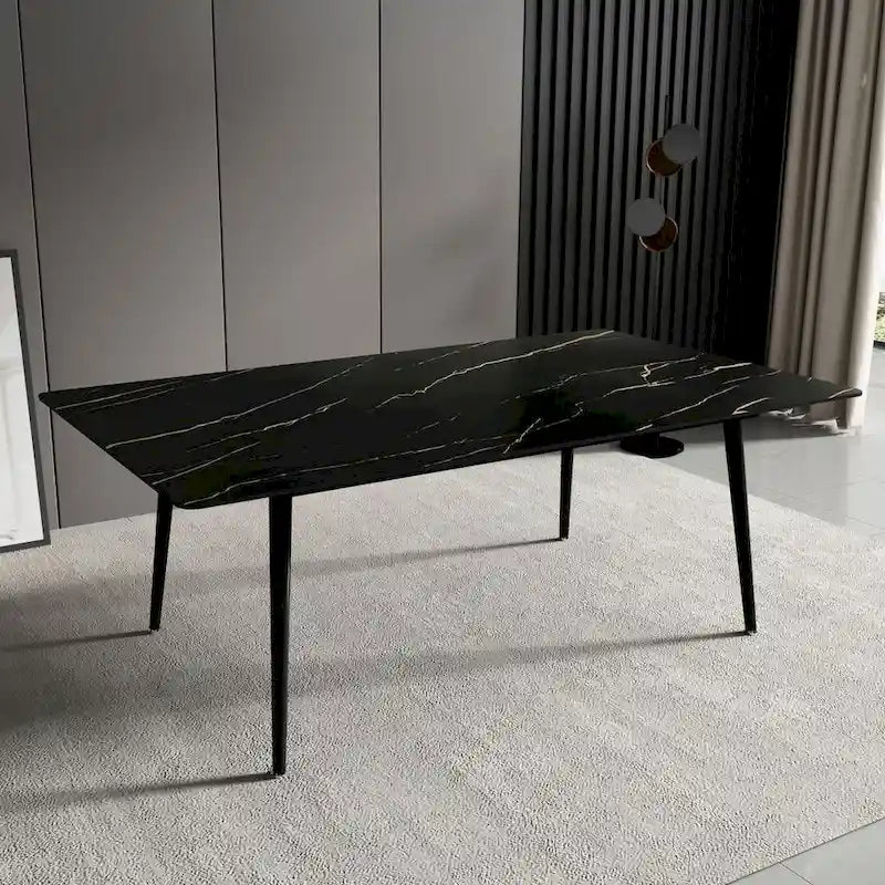 70.8 inch rectangular white kitchen dining table, with a sintered stone marble tabletop, metal legs