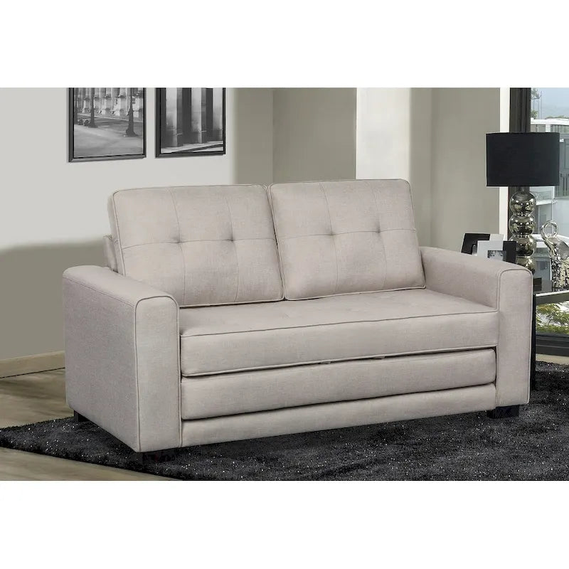 Tufted Fabric Convertible Sleeper Loveseat with Wood Frame and Foam Cushions