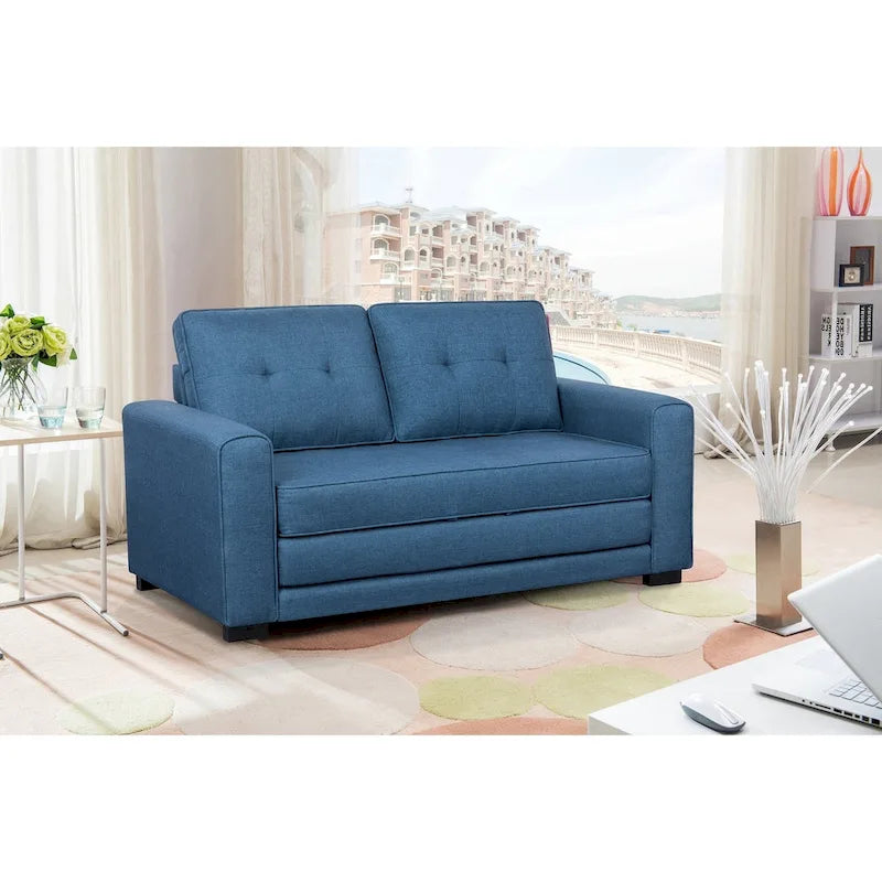 Tufted Fabric Convertible Sleeper Loveseat with Wood Frame and Foam Cushions