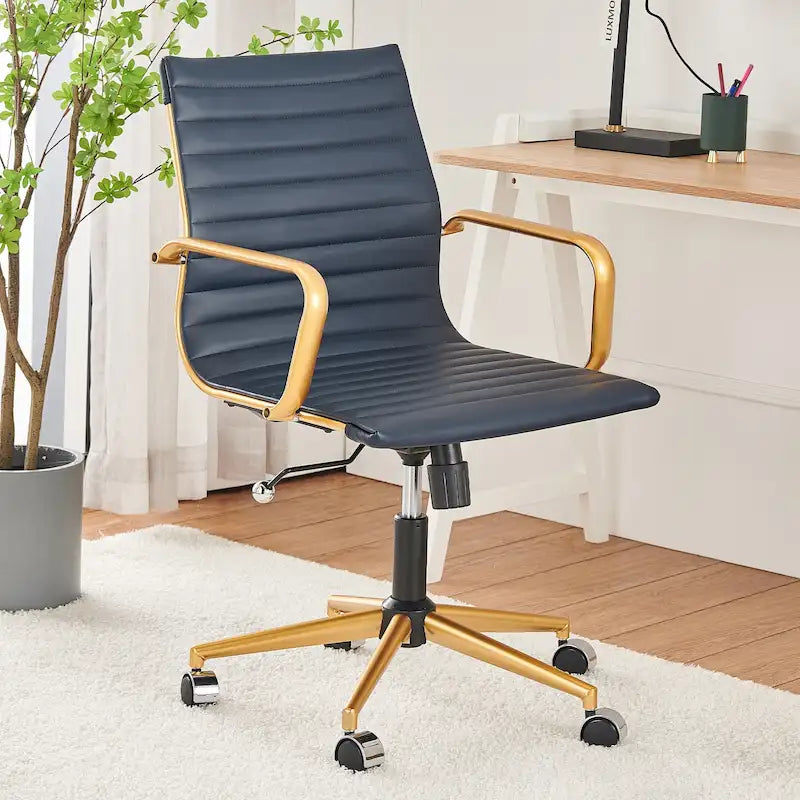 Ribbed Mid Back Swivel Office Chair with Goldtone Accents