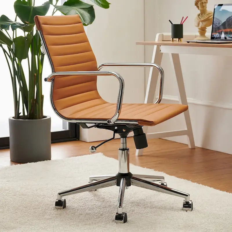 Ribbed Mid Back Swivel Office Chair with Goldtone Accents
