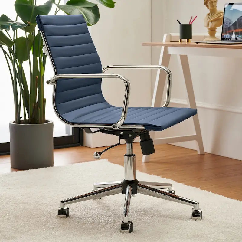 Ribbed Mid Back Swivel Office Chair with Goldtone Accents
