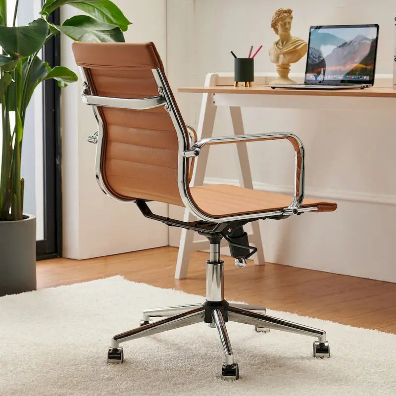 Ribbed Mid Back Swivel Office Chair with Goldtone Accents