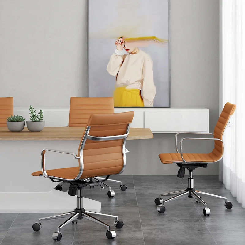 Ribbed Mid Back Swivel Office Chair with Goldtone Accents