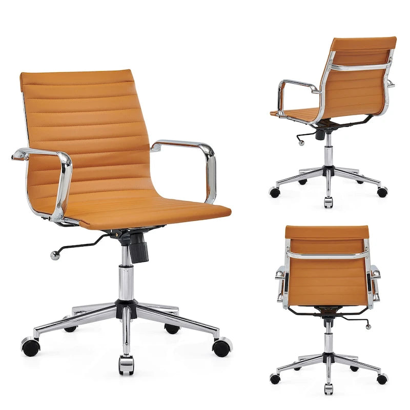 Ribbed Mid Back Swivel Office Chair with Goldtone Accents