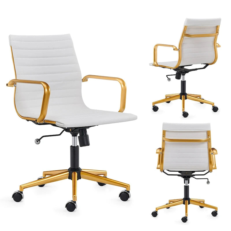 Ribbed Mid Back Swivel Office Chair with Goldtone Accents