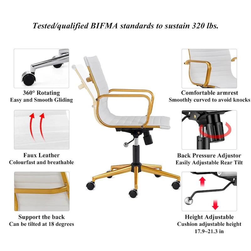 Ribbed Mid Back Swivel Office Chair with Goldtone Accents