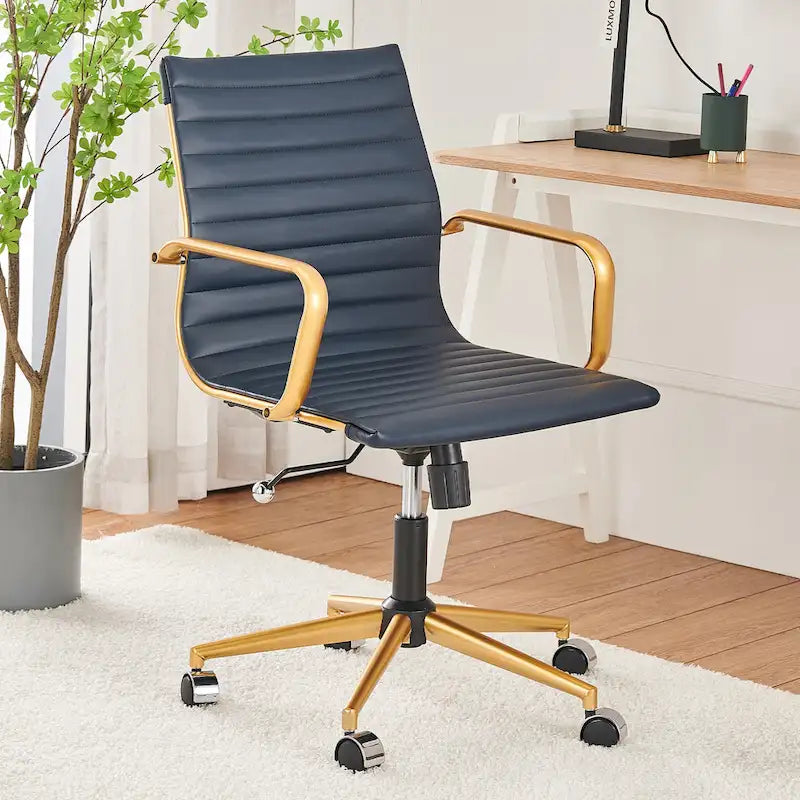 Ribbed Mid Back Swivel Office Chair with Goldtone Accents