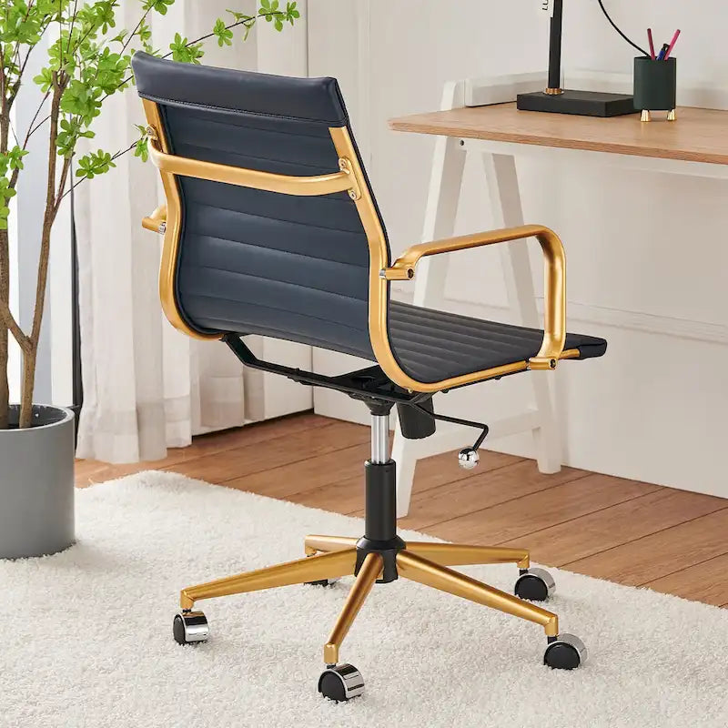Ribbed Mid Back Swivel Office Chair with Goldtone Accents
