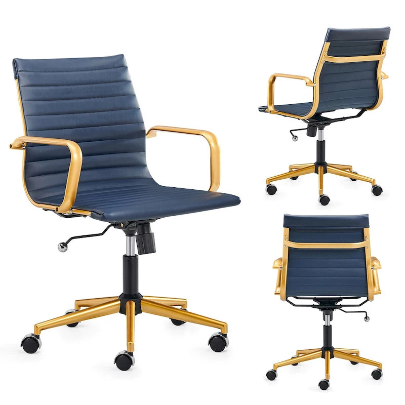 Ribbed Mid Back Swivel Office Chair with Goldtone Accents