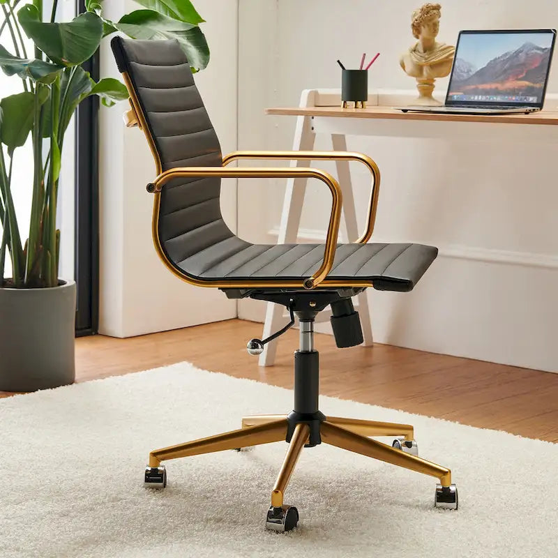 Ribbed Mid Back Swivel Office Chair with Goldtone Accents