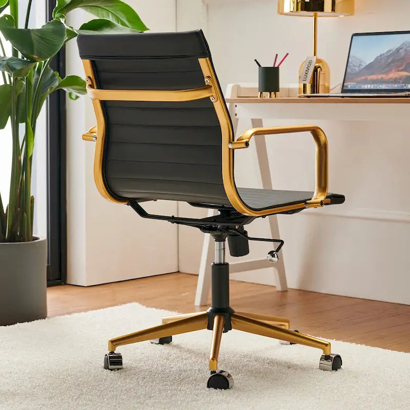 Ribbed Mid Back Swivel Office Chair with Goldtone Accents