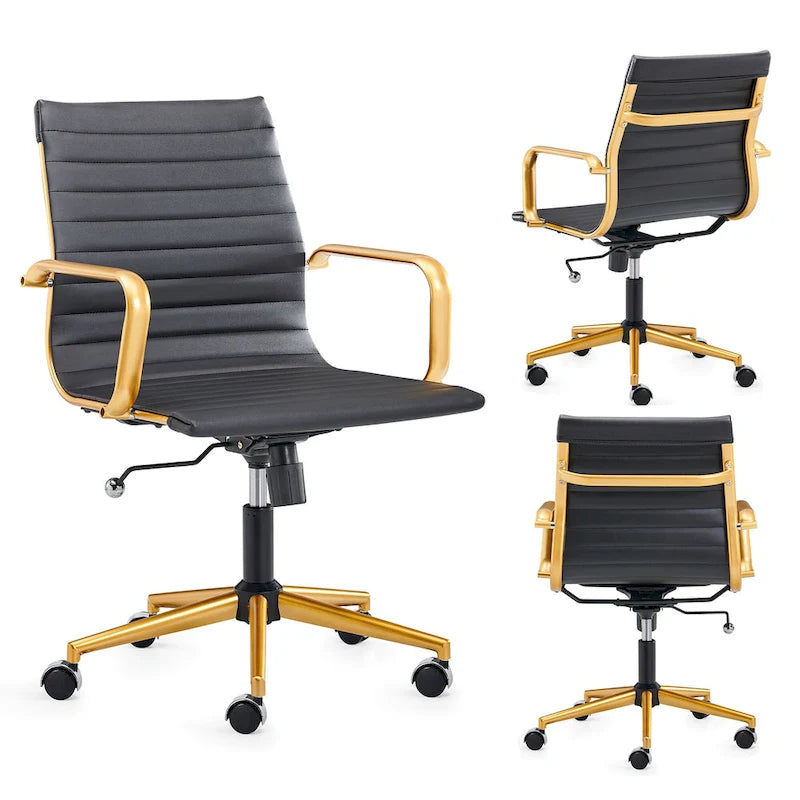 Ribbed Mid Back Swivel Office Chair with Goldtone Accents