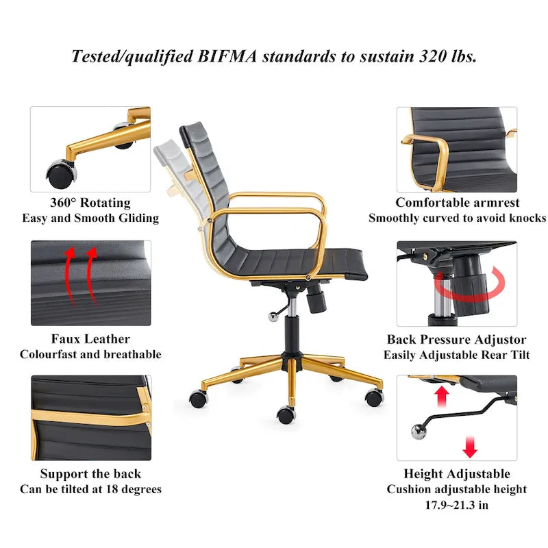 Ribbed Mid Back Swivel Office Chair with Goldtone Accents