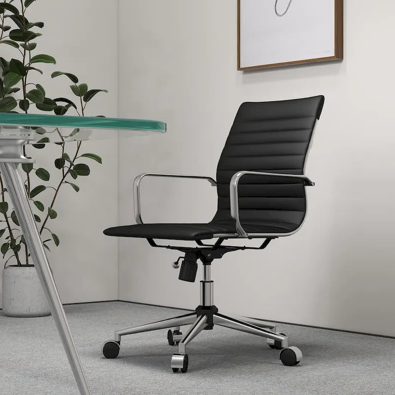 Ribbed Mid Back Swivel Office Chair with Goldtone Accents