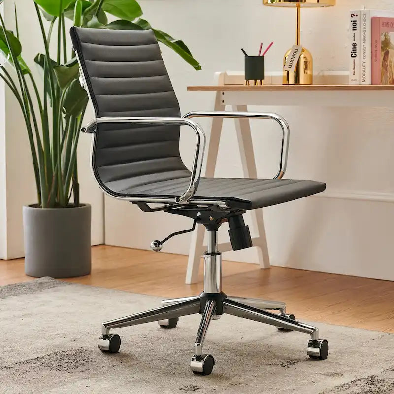 Ribbed Mid Back Swivel Office Chair with Goldtone Accents