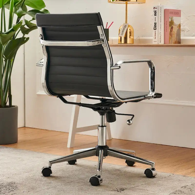 Ribbed Mid Back Swivel Office Chair with Goldtone Accents