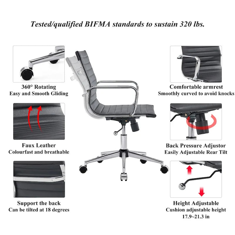Ribbed Mid Back Swivel Office Chair with Goldtone Accents