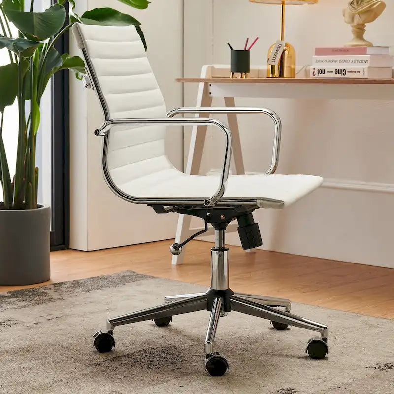 Ribbed Mid Back Swivel Office Chair with Goldtone Accents