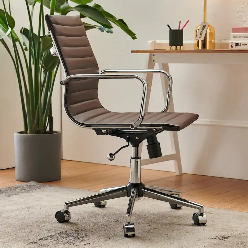 Ribbed Mid Back Swivel Office Chair with Goldtone Accents
