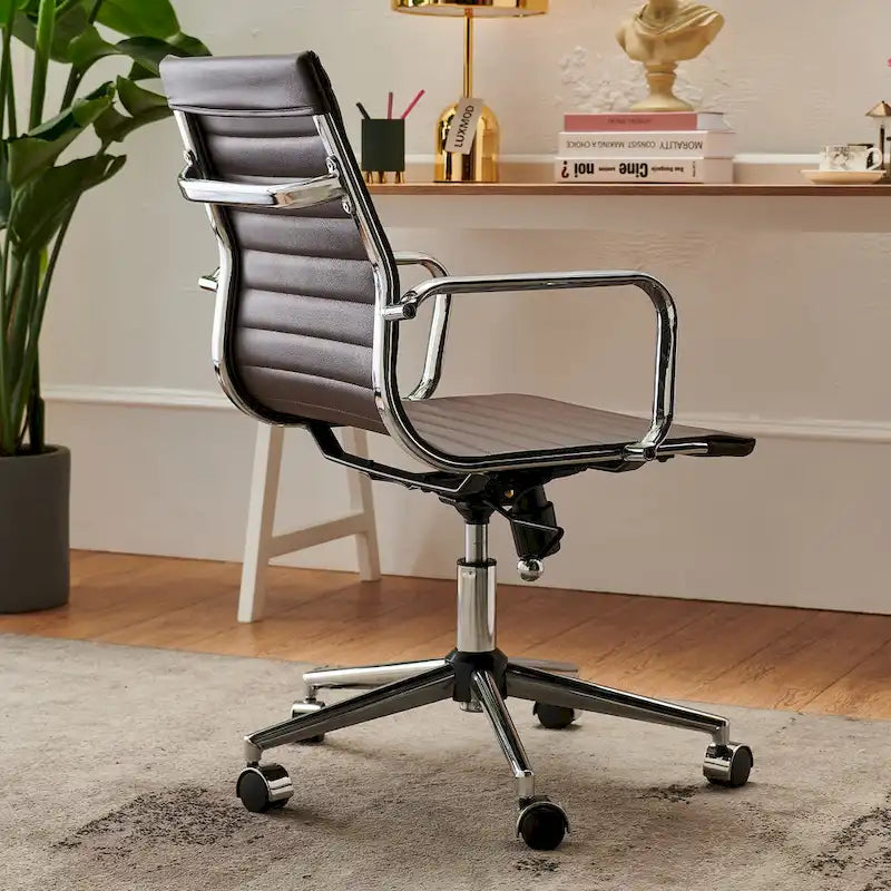Ribbed Mid Back Swivel Office Chair with Goldtone Accents