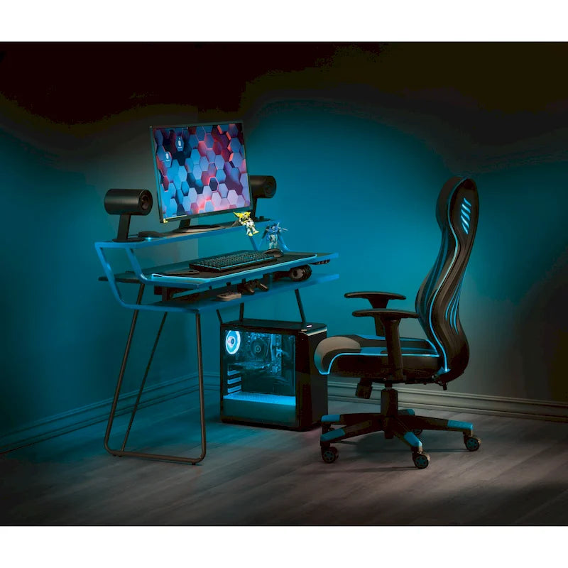 Leveled LED Gaming Desk with Monitor Shelf and USB Hub