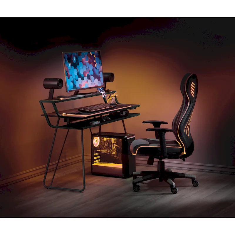 Leveled LED Gaming Desk with Monitor Shelf and USB Hub