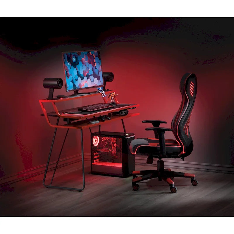 Leveled LED Gaming Desk with Monitor Shelf and USB Hub