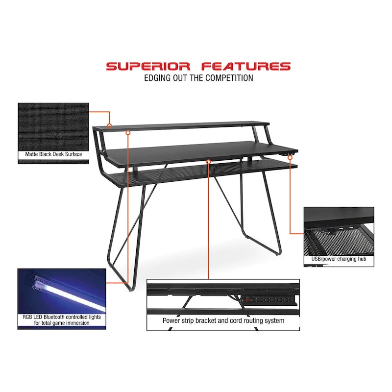 Leveled LED Gaming Desk with Monitor Shelf and USB Hub