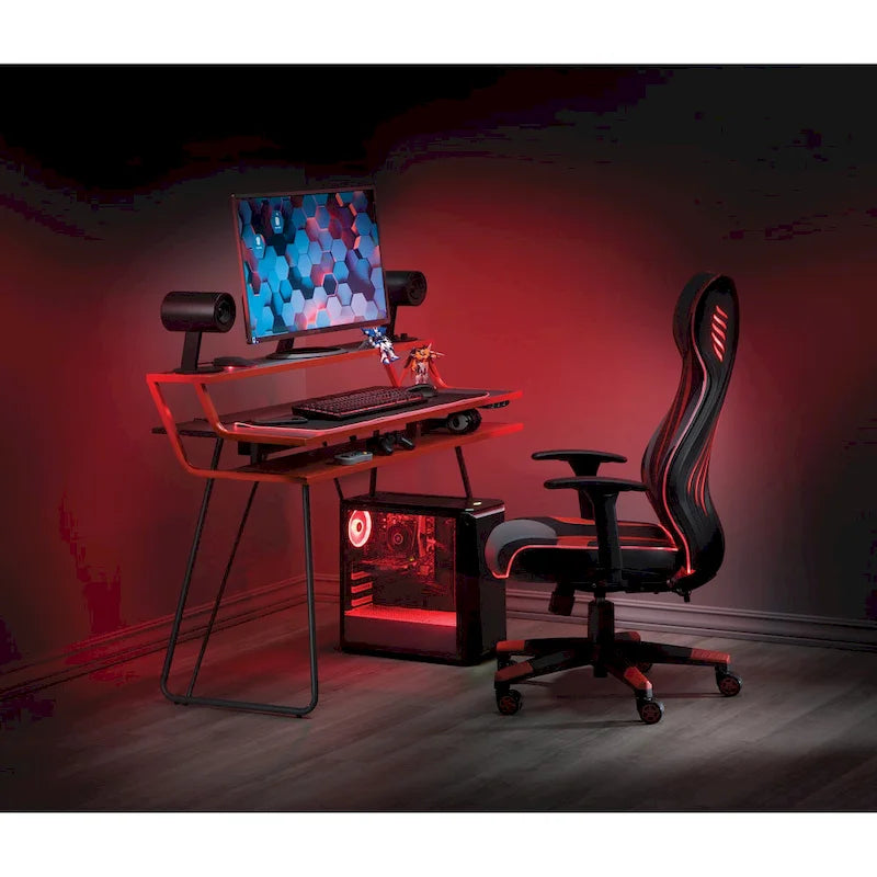 Leveled LED Gaming Desk with Monitor Shelf and USB Hub