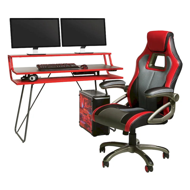 Leveled LED Gaming Desk with Monitor Shelf and USB Hub
