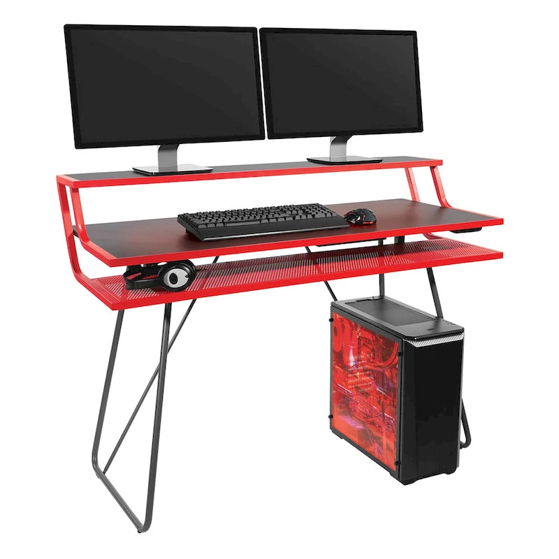 Leveled LED Gaming Desk with Monitor Shelf and USB Hub