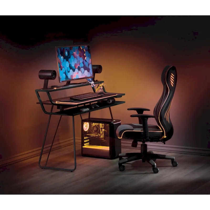 Leveled LED Gaming Desk with Monitor Shelf and USB Hub