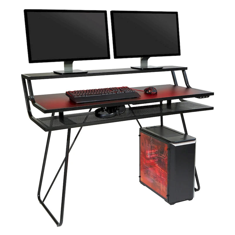Leveled LED Gaming Desk with Monitor Shelf and USB Hub