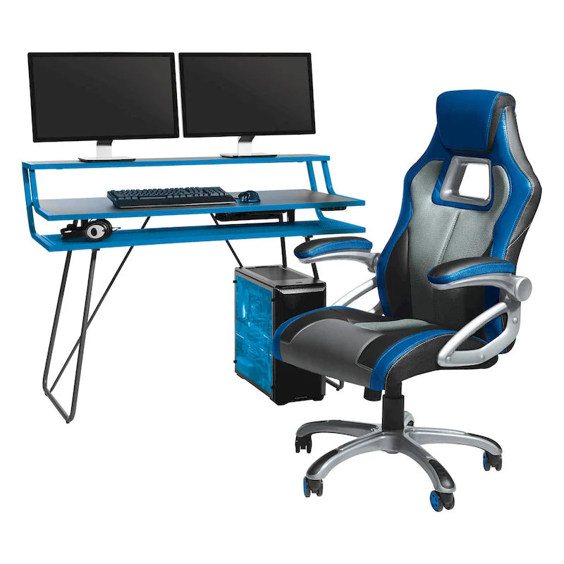 Leveled LED Gaming Desk with Monitor Shelf and USB Hub