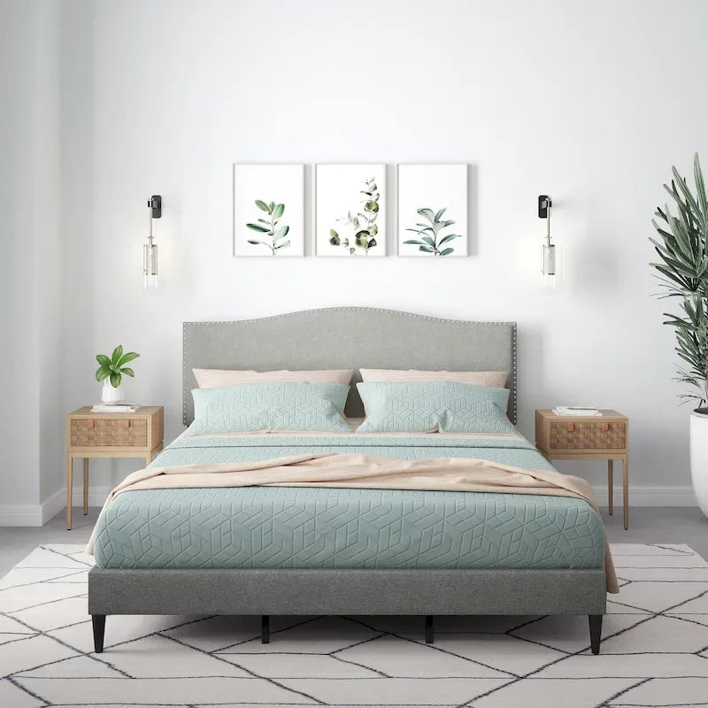 Curved Nailhead Upholstered Platform Bed with Polyester Fabric and Wood Slats