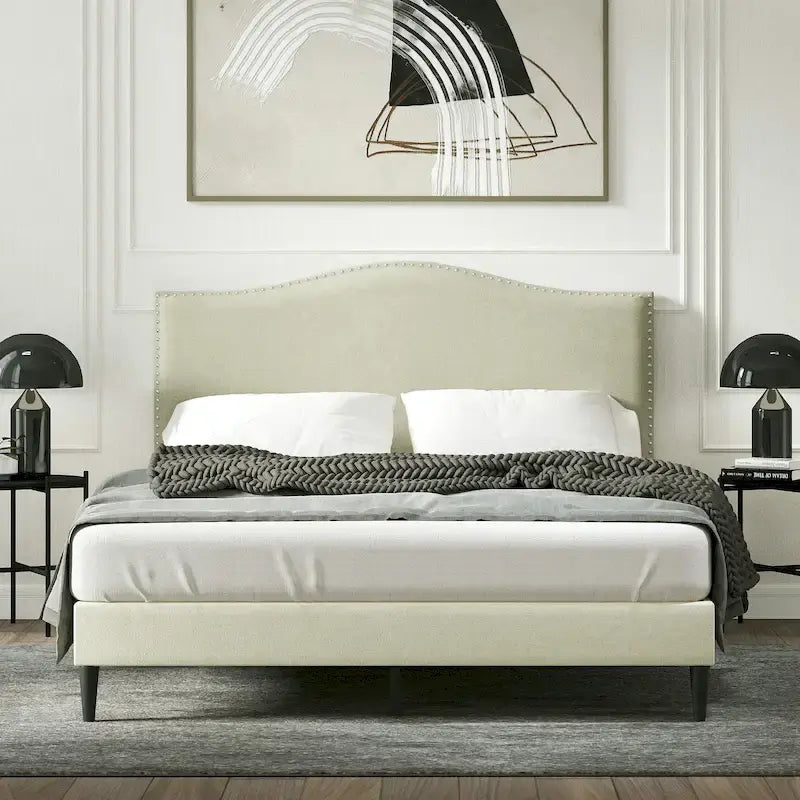 Curved Nailhead Upholstered Platform Bed with Polyester Fabric and Wood Slats