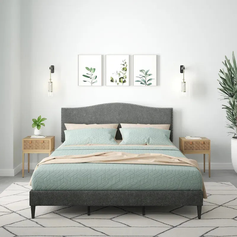 Curved Nailhead Upholstered Platform Bed with Polyester Fabric and Wood Slats