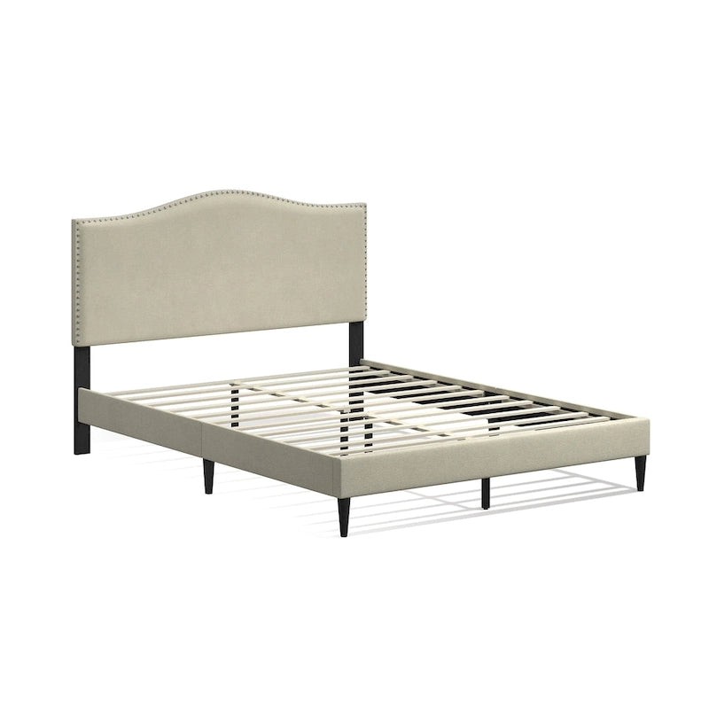 Curved Nailhead Upholstered Platform Bed with Polyester Fabric and Wood Slats