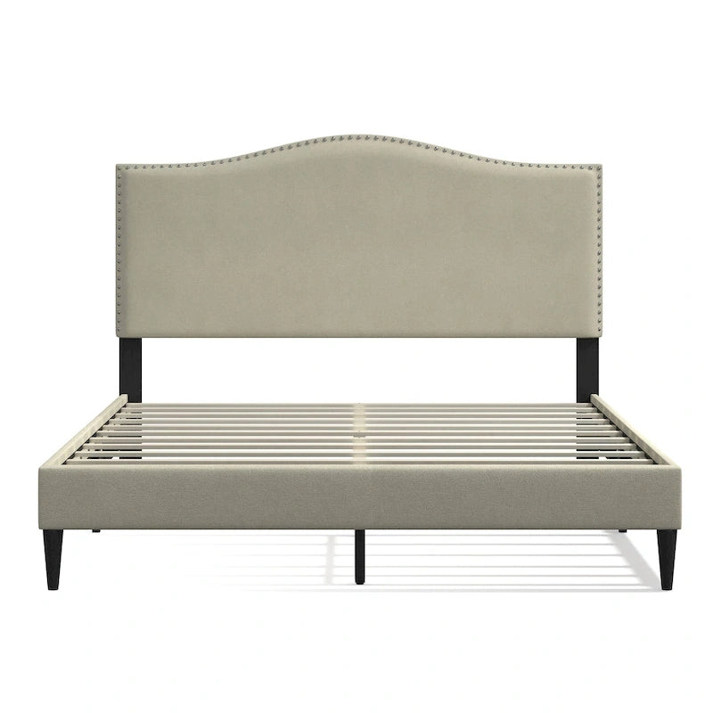 Curved Nailhead Upholstered Platform Bed with Polyester Fabric and Wood Slats