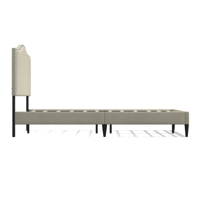 Curved Nailhead Upholstered Platform Bed with Polyester Fabric and Wood Slats