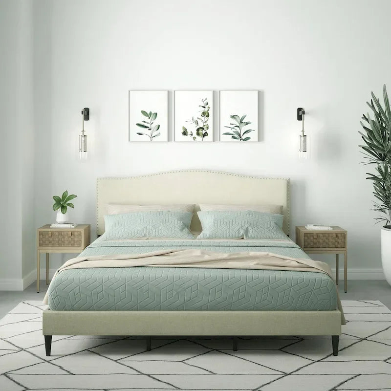 Curved Nailhead Upholstered Platform Bed with Polyester Fabric and Wood Slats